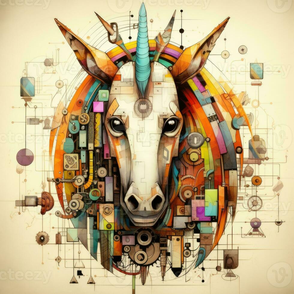 horse unicorn gears abstract illustration tattoo industrial poster art geometric vector steampunk photo