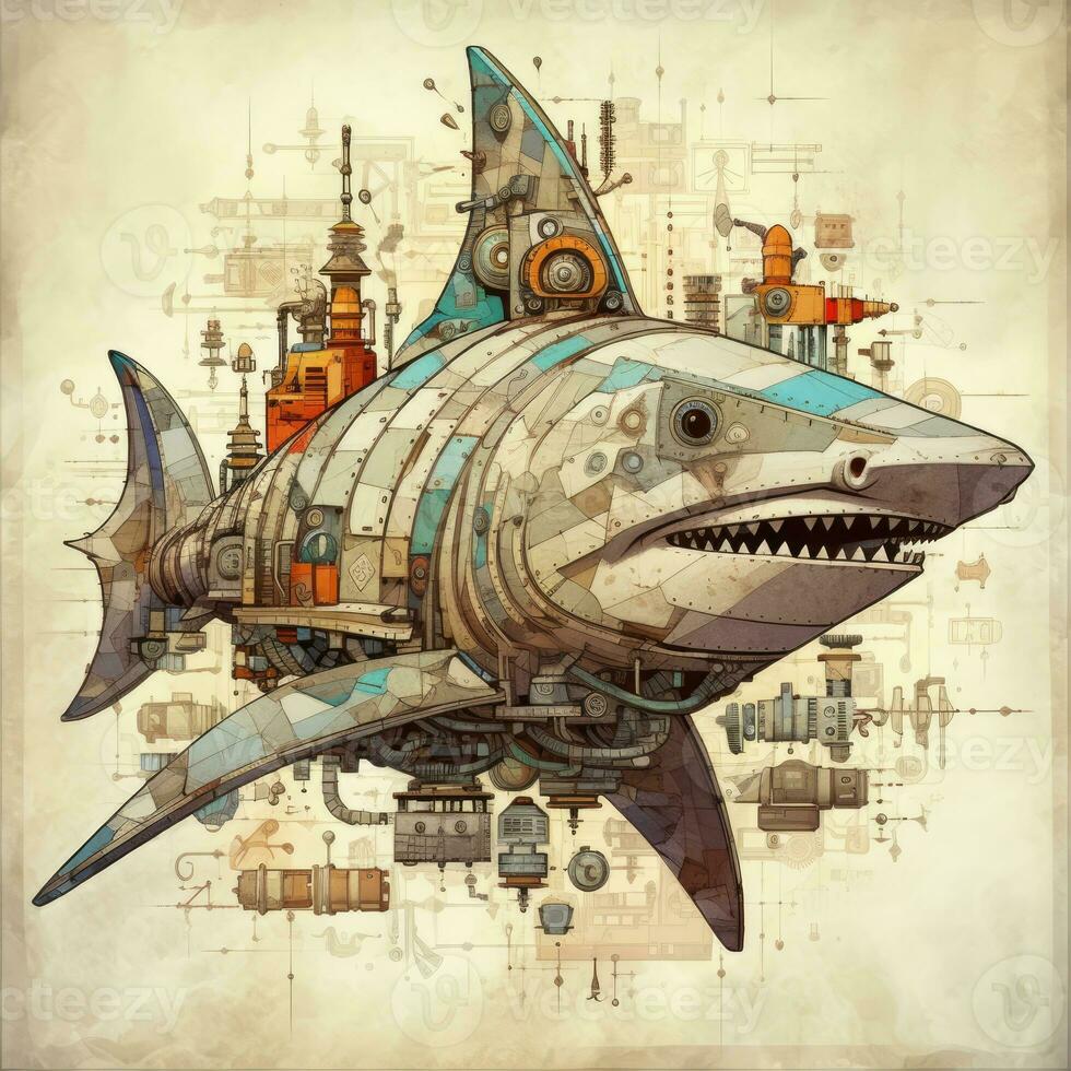 shark portrait face abstract illustration tattoo industrial poster art geometric vector steampunk photo