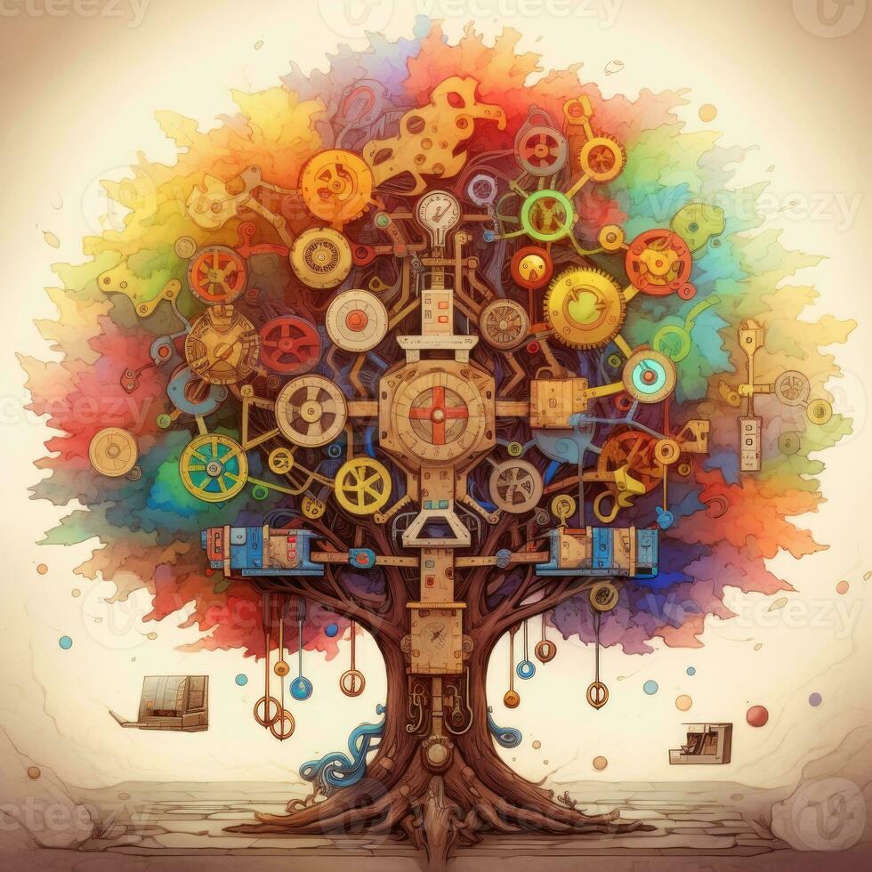 tree magic mechanic abstract illustration tattoo industrial poster art geometric vector steampunk photo