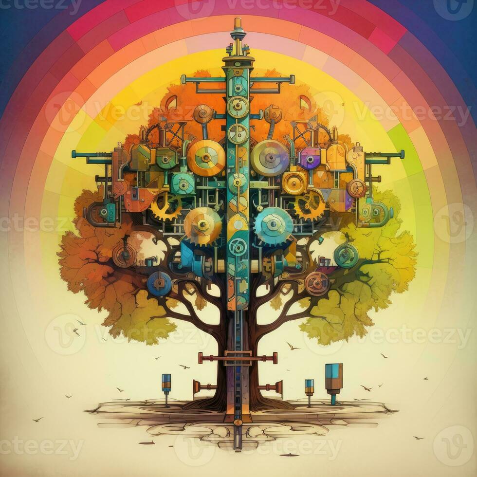 tree magic mechanic abstract illustration tattoo industrial poster art geometric vector steampunk photo