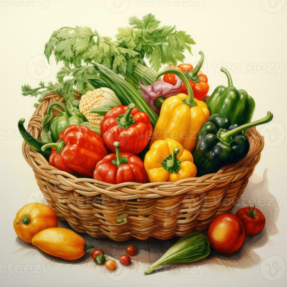 basket detailed watercolor painting fruit vegetable clipart botanical realistic illustration photo