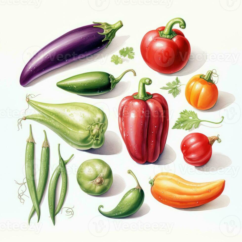 set of detailed watercolor painting fruit vegetable clipart botanical realistic illustration photo