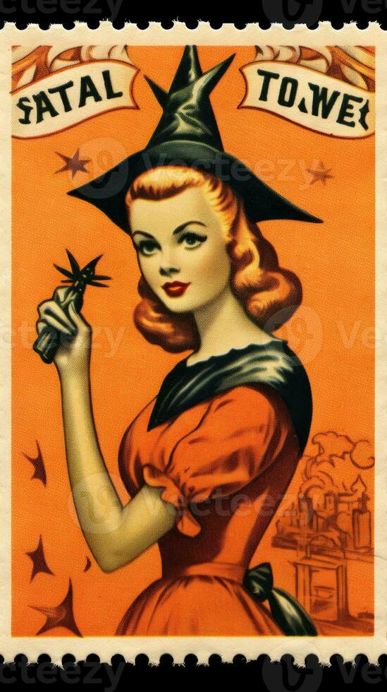 witch woman cute Postage Stamp retro vintage 1930s Halloweens pumpkin illustration scan poster photo