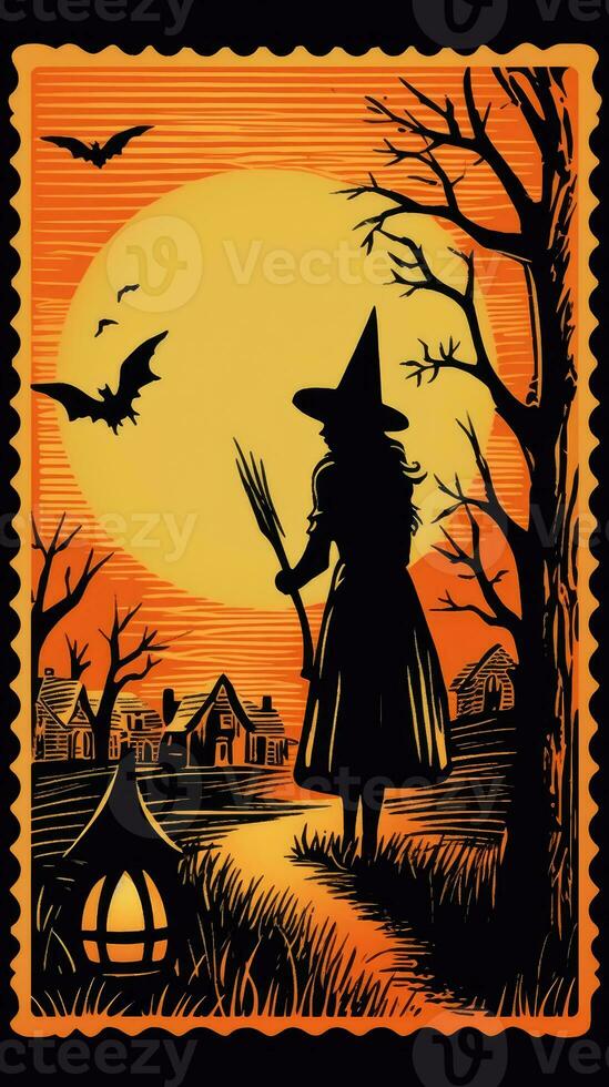 cute Postage Stamp retro vintage 1930s Halloweens pumpkin paint illustration scan poster photo