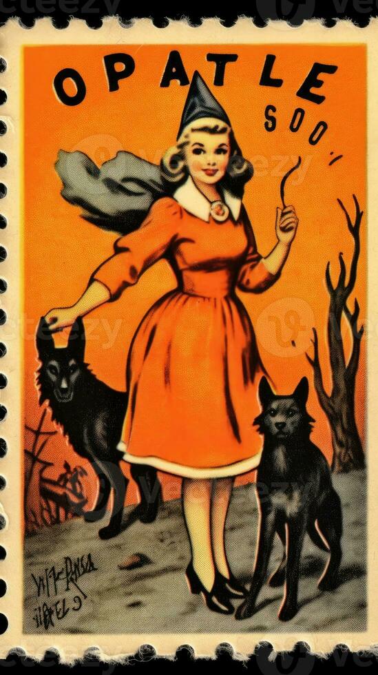 witch woman cute Postage Stamp retro vintage 1930s Halloweens pumpkin illustration scan poster photo