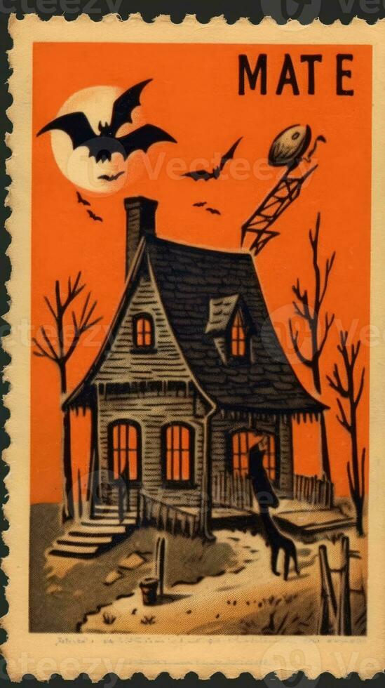 castle house bats moon cute Postage Stamp retro vintage 1930s Halloweens illustration scan poster photo