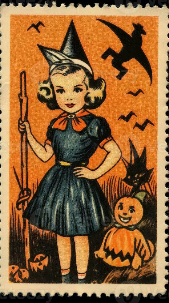 kids children cute Postage Stamp retro vintage 1930s Halloweens pumpkin illustration scan poster photo