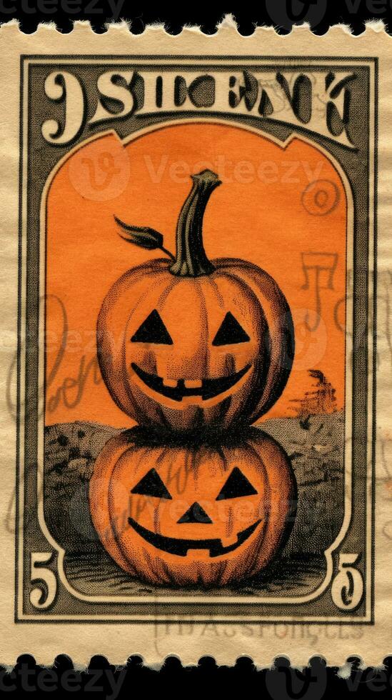 smiling pumpkin cute Postage Stamp retro vintage 1930s Halloweens paint illustration scan poster photo