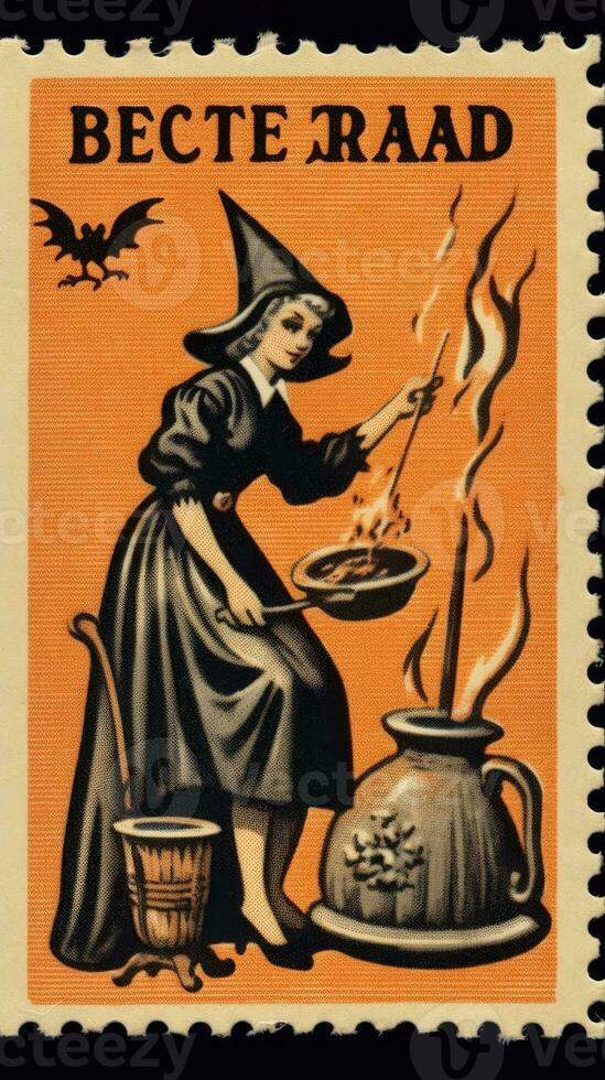 witch woman cute Postage Stamp retro vintage 1930s Halloweens pumpkin illustration scan poster photo