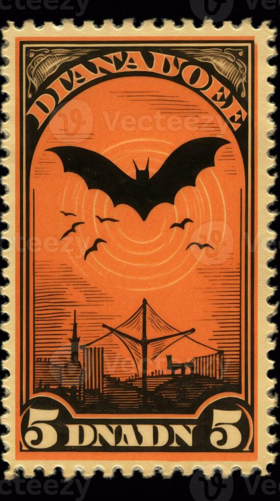 bats moon cute Postage Stamp retro vintage 1930s Halloweens pumpkin illustration scan poster photo