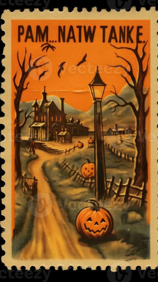 castle house bats moon cute Postage Stamp retro vintage 1930s Halloweens illustration scan poster photo