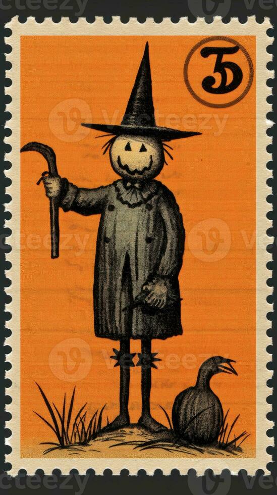 scarecrow cute Postage Stamp retro vintage 1930s Halloweens pumpkin illustration scan poster photo