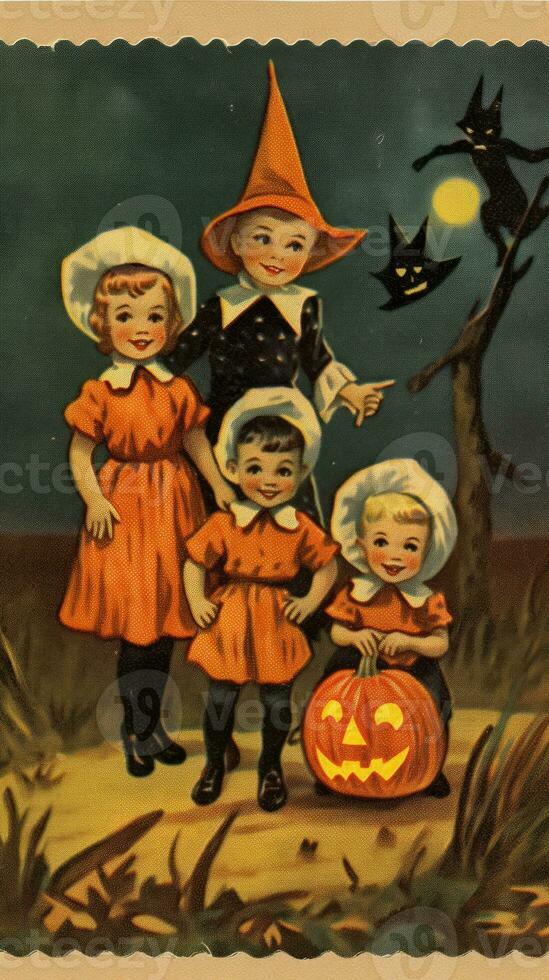 kids children cute Postage Stamp retro vintage 1930s Halloweens pumpkin illustration scan poster photo