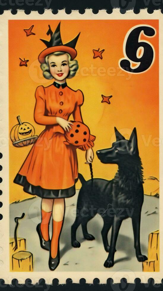 witch woman cute Postage Stamp retro vintage 1930s Halloweens pumpkin illustration scan poster photo