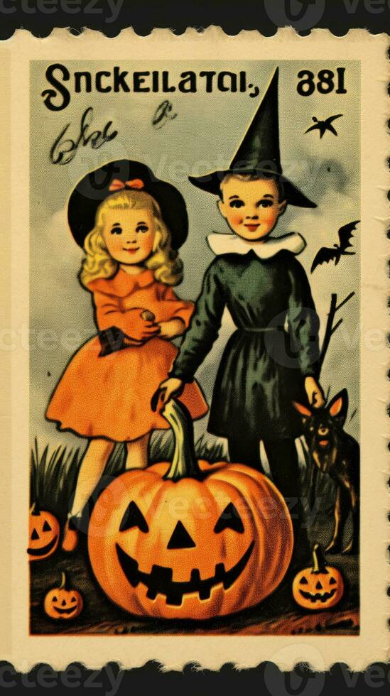 kids children cute Postage Stamp retro vintage 1930s Halloweens pumpkin illustration scan poster photo