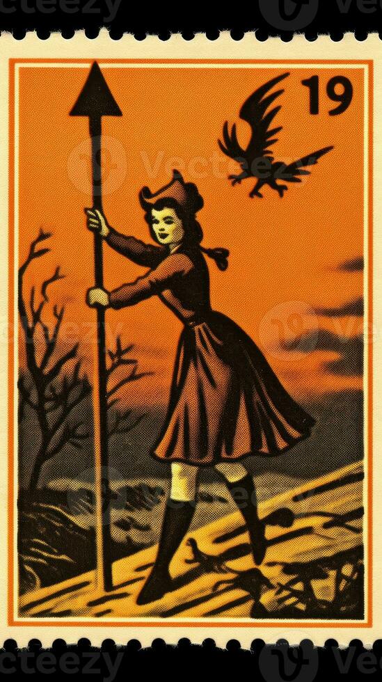 witch woman cute Postage Stamp retro vintage 1930s Halloweens pumpkin illustration scan poster photo