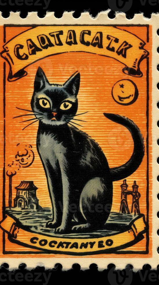 black cat hat cute Postage Stamp retro vintage 1930s Halloweens pumpkin illustration scan poster photo