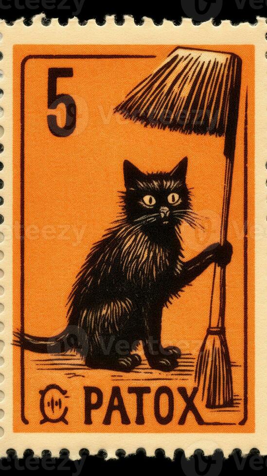 black cat hat cute Postage Stamp retro vintage 1930s Halloweens pumpkin illustration scan poster photo