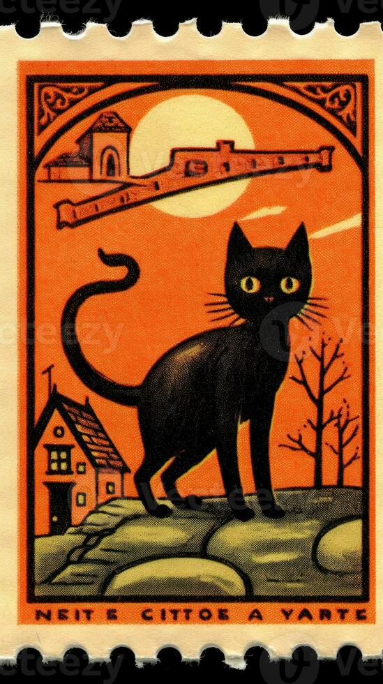 negro gato sombrero linda gastos de envío sello retro Clásico 1930 Halloween calabaza ilustración escanear póster foto