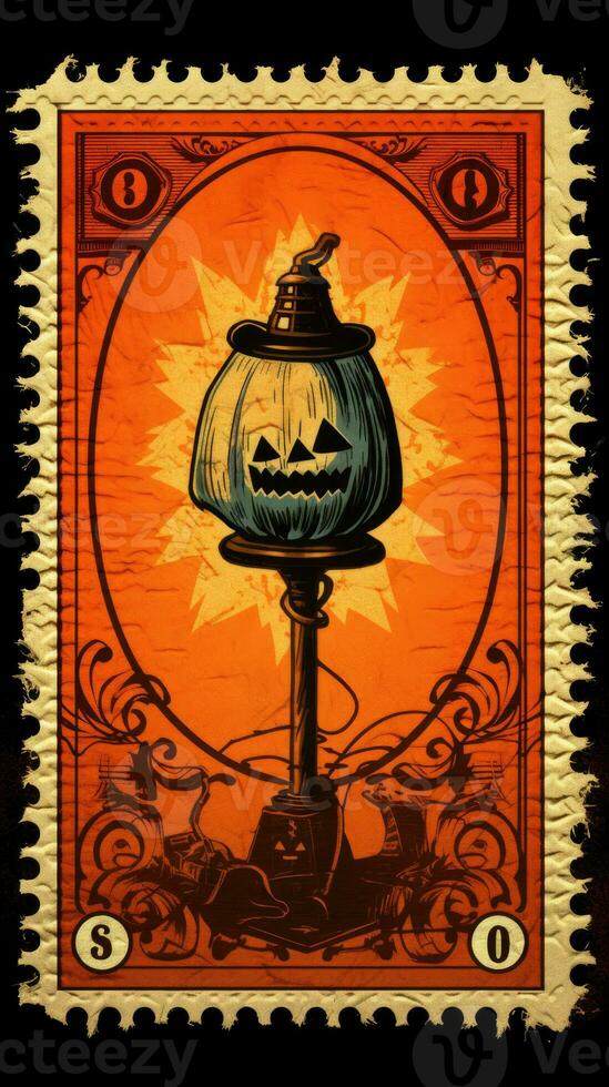 cute Postage Stamp retro vintage 1930s Halloweens pumpkin paint illustration scan poster photo