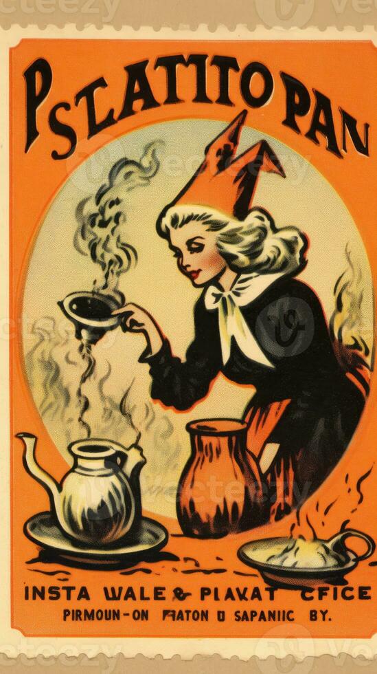 witch woman cute Postage Stamp retro vintage 1930s Halloweens pumpkin illustration scan poster photo