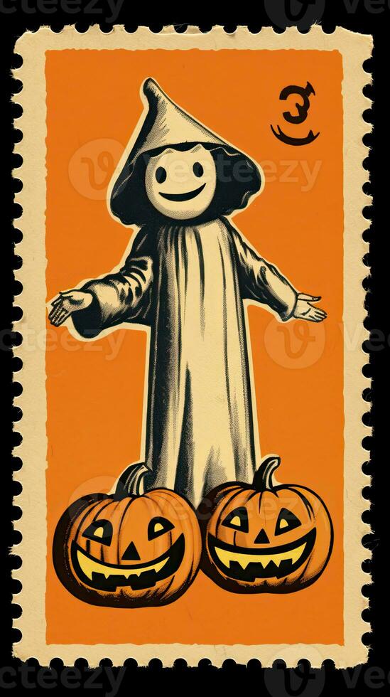 ghost spirit cute Postage Stamp retro vintage 1930s Halloweens pumpkin illustration scan poster photo