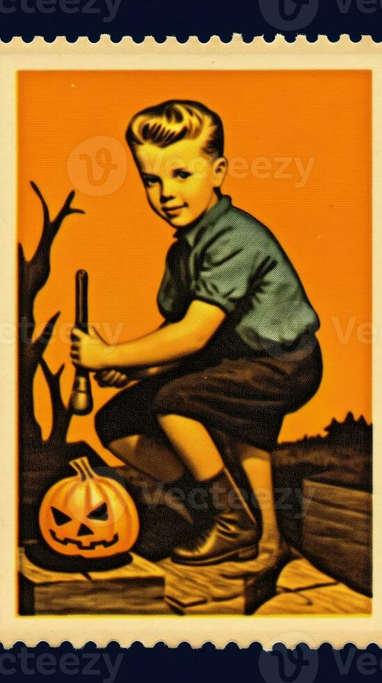 kids children cute Postage Stamp retro vintage 1930s Halloweens pumpkin illustration scan poster photo