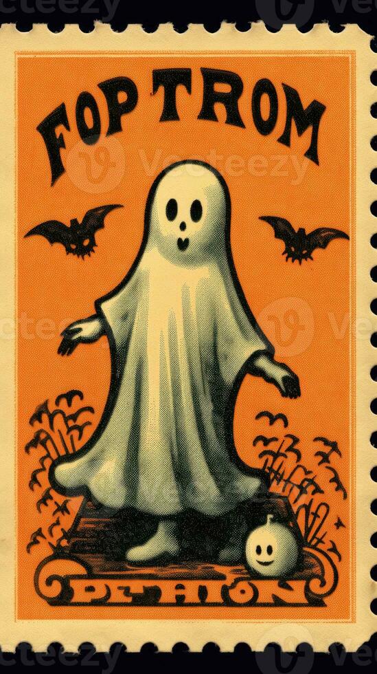 ghost spirit cute Postage Stamp retro vintage 1930s Halloweens pumpkin illustration scan poster photo