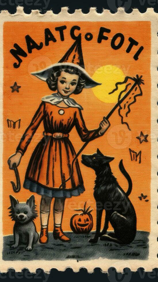 witch woman cute Postage Stamp retro vintage 1930s Halloweens pumpkin illustration scan poster photo