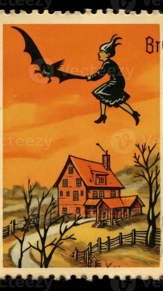 kids children cute Postage Stamp retro vintage 1930s Halloweens pumpkin illustration scan poster photo