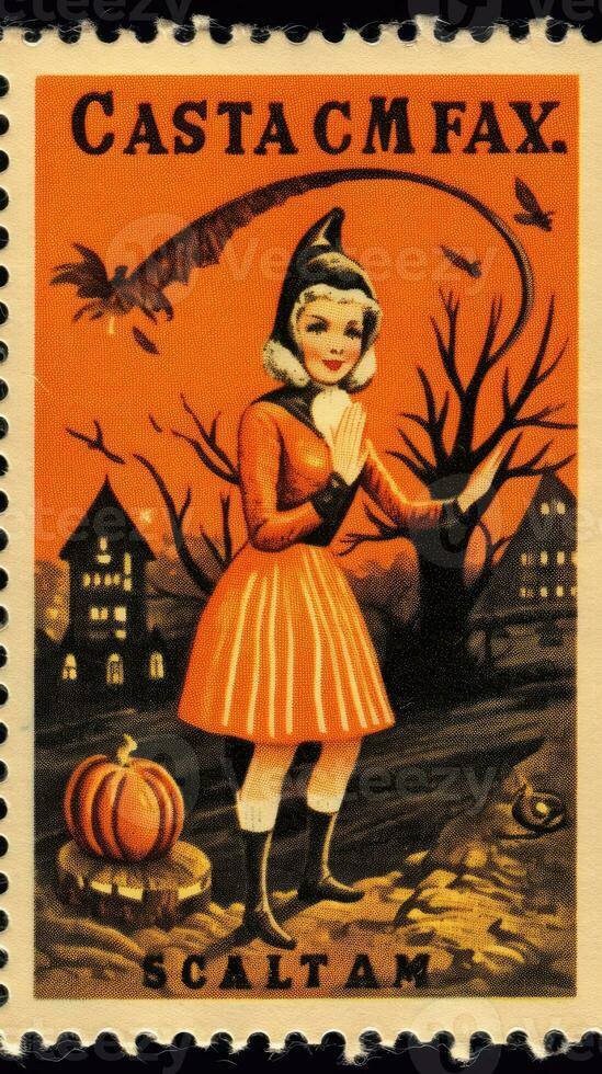 kids children cute Postage Stamp retro vintage 1930s Halloweens pumpkin illustration scan poster photo