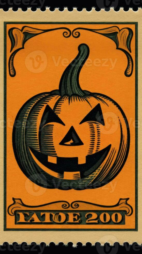 smiling pumpkin cute Postage Stamp retro vintage 1930s Halloweens paint illustration scan poster photo