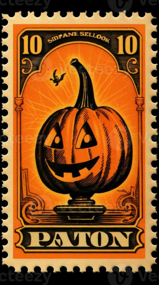 smiling pumpkin cute Postage Stamp retro vintage 1930s Halloweens paint illustration scan poster photo