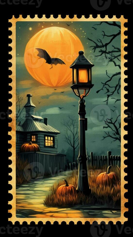castle house bats moon cute Postage Stamp retro vintage 1930s Halloweens illustration scan poster photo
