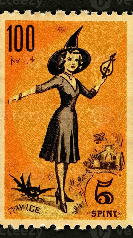 witch woman cute Postage Stamp retro vintage 1930s Halloweens pumpkin illustration scan poster photo