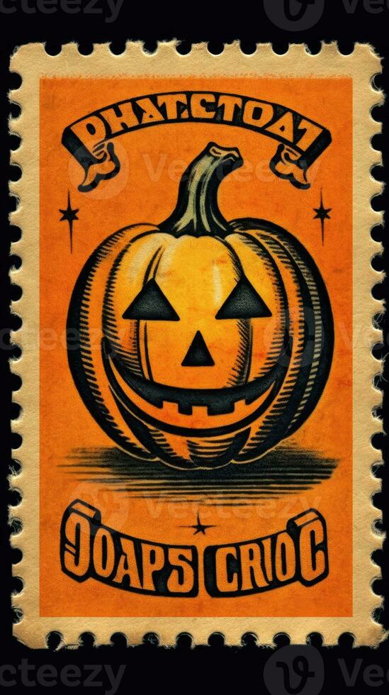 smiling pumpkin cute Postage Stamp retro vintage 1930s Halloweens paint illustration scan poster photo