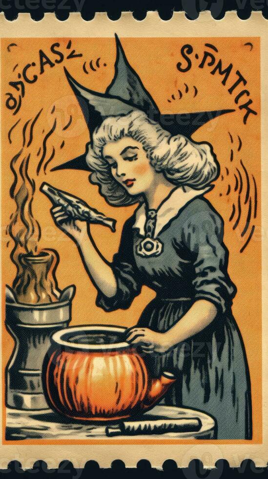 witch woman cute Postage Stamp retro vintage 1930s Halloweens pumpkin illustration scan poster photo