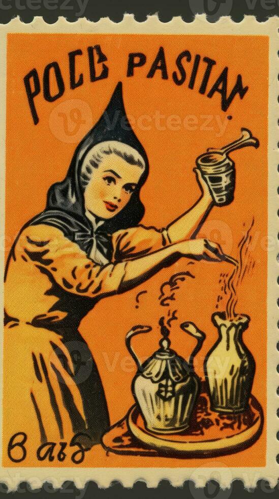 witch woman cute Postage Stamp retro vintage 1930s Halloweens pumpkin illustration scan poster photo