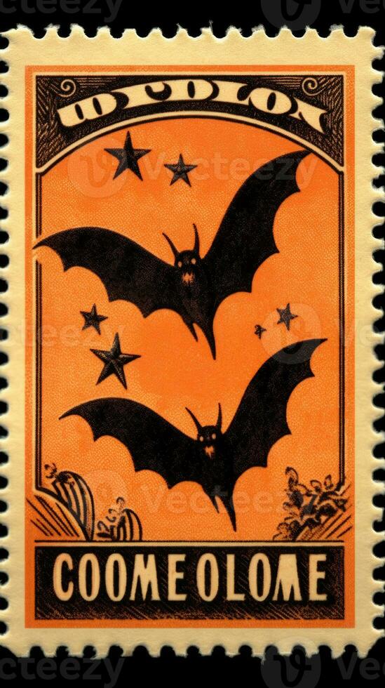 bats moon cute Postage Stamp retro vintage 1930s Halloweens pumpkin illustration scan poster photo