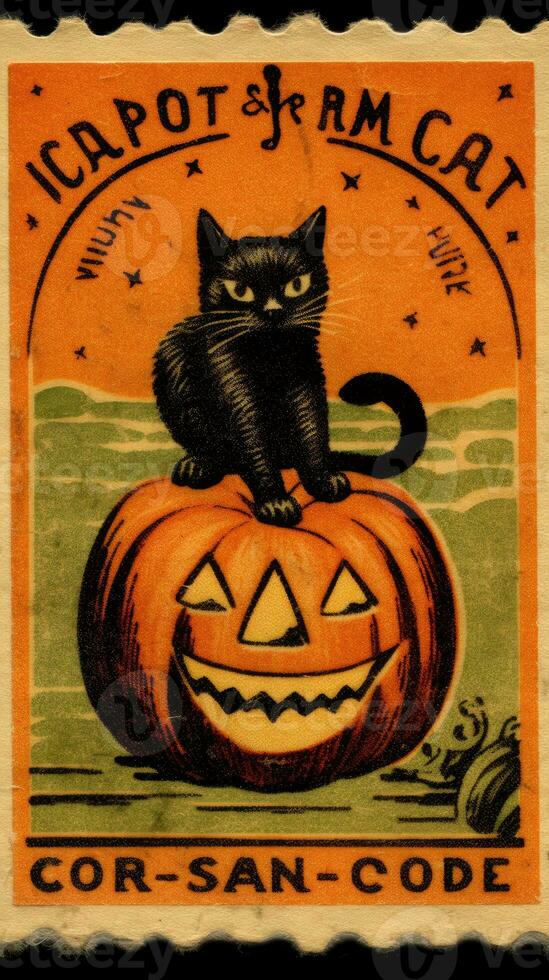 black cat hat cute Postage Stamp retro vintage 1930s Halloweens pumpkin illustration scan poster photo