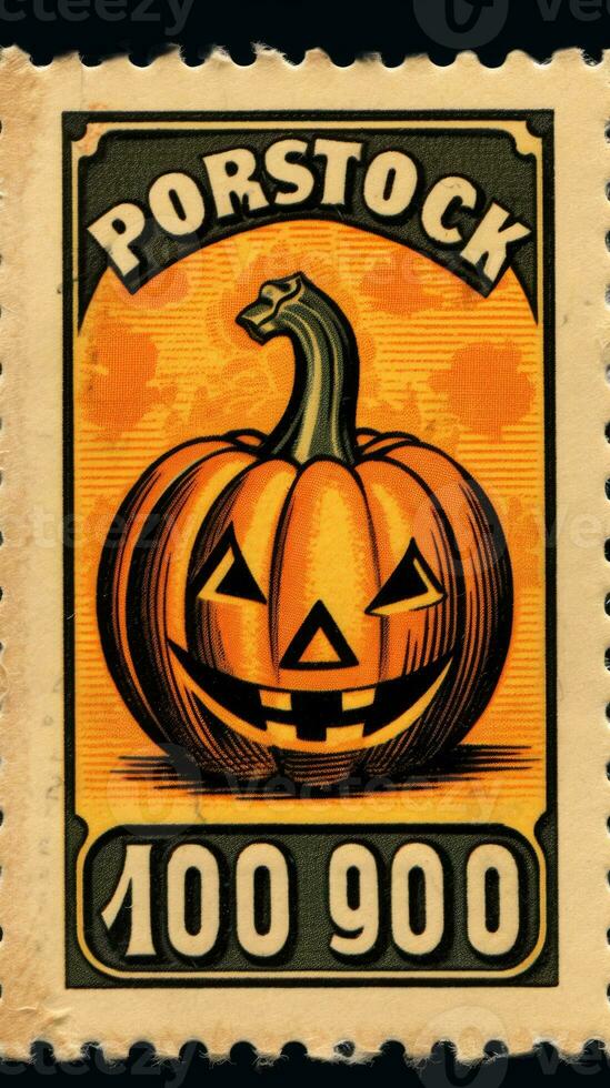 smiling pumpkin cute Postage Stamp retro vintage 1930s Halloweens paint illustration scan poster photo