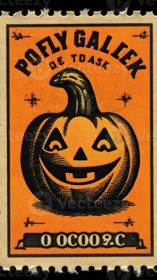 smiling pumpkin cute Postage Stamp retro vintage 1930s Halloweens paint illustration scan poster photo