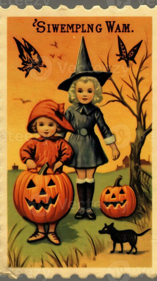 kids children cute Postage Stamp retro vintage 1930s Halloweens pumpkin illustration scan poster photo