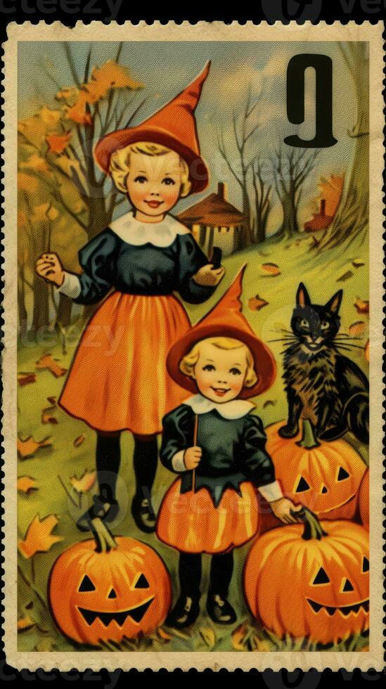 kids children cute Postage Stamp retro vintage 1930s Halloweens pumpkin illustration scan poster photo