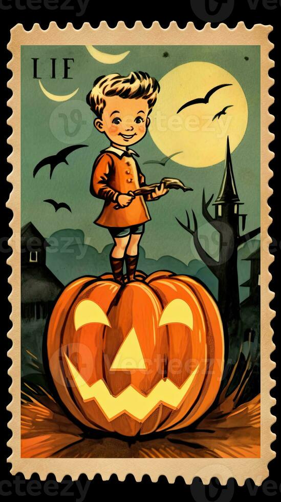 cute Postage Stamp retro vintage 1930s Halloweens pumpkin paint illustration scan poster photo