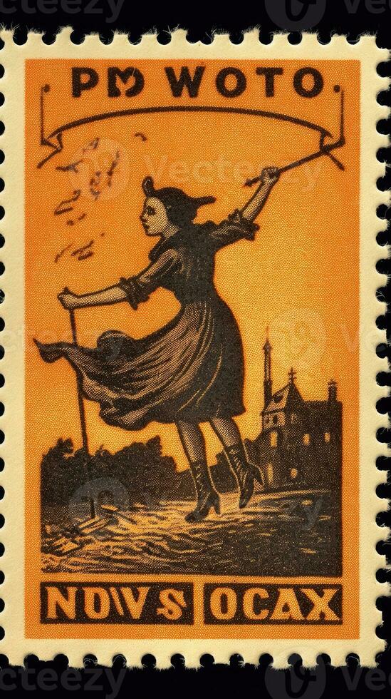 witch woman cute Postage Stamp retro vintage 1930s Halloweens pumpkin illustration scan poster photo