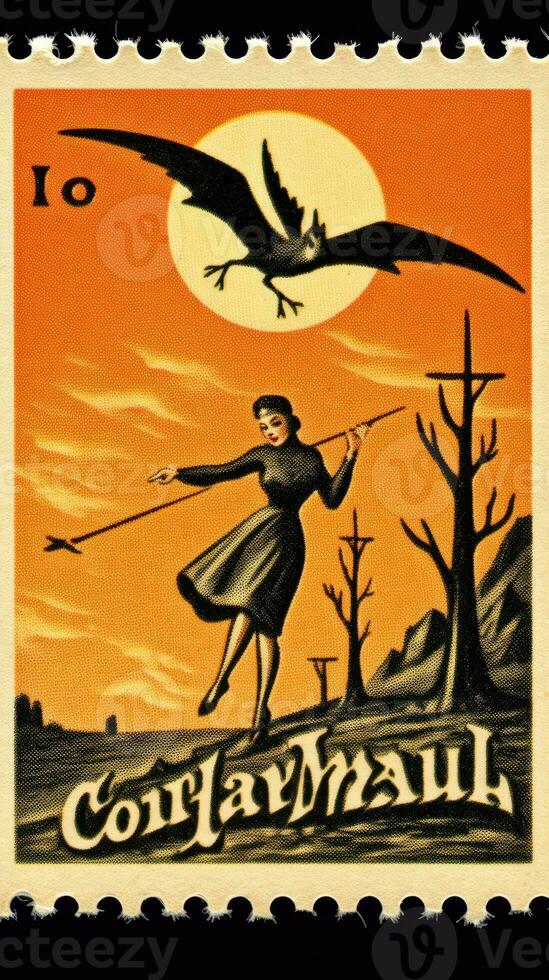 witch woman cute Postage Stamp retro vintage 1930s Halloweens pumpkin illustration scan poster photo