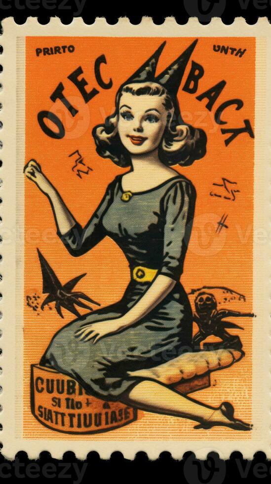 witch woman cute Postage Stamp retro vintage 1930s Halloweens pumpkin illustration scan poster photo