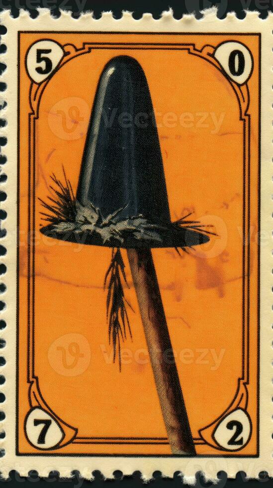 hat cap broom cute Postage Stamp retro vintage 1930s Halloweens pumpkin illustration scan poster photo