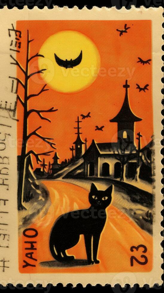 black cat hat cute Postage Stamp retro vintage 1930s Halloweens pumpkin illustration scan poster photo